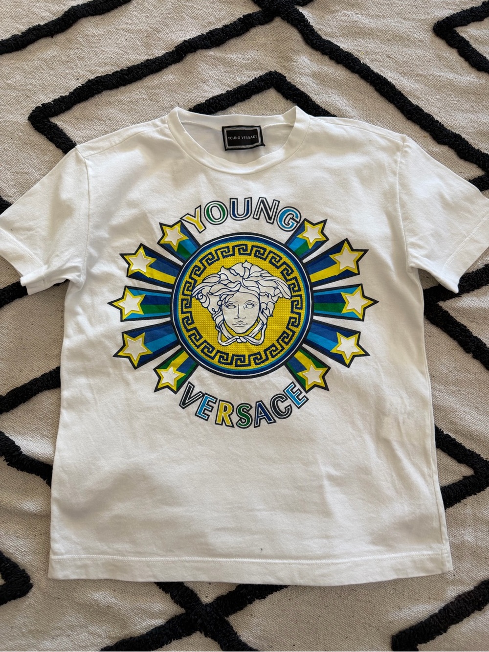 Versace White Kids Graphic Tee with Blue, Yellow & Green Medusa Burst